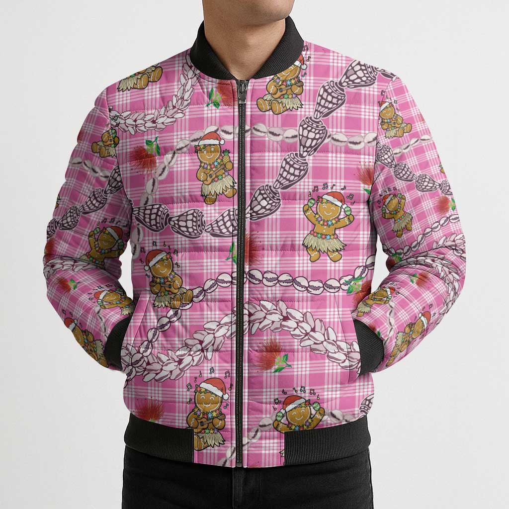 Pink Palaka Hawaii Mele Kalikimaka Bomber Puffer Jacket Ohia Lehua Shell Leis Funny Gingerbread Santa - Polynesian Pride