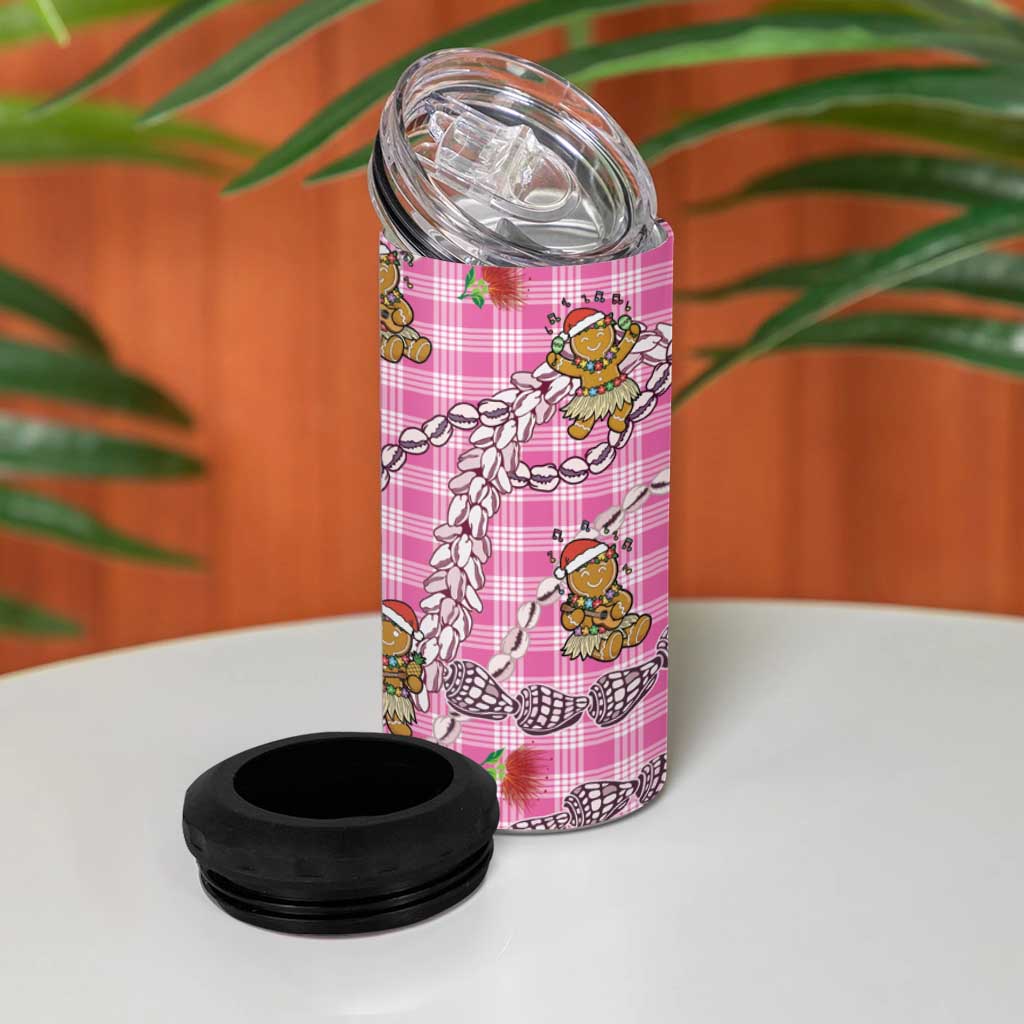Pink Palaka Hawaii Mele Kalikimaka 4 in 1 Can Cooler Tumbler Ohia Lehua Shell Leis Funny Gingerbread Santa - Polynesian Pride