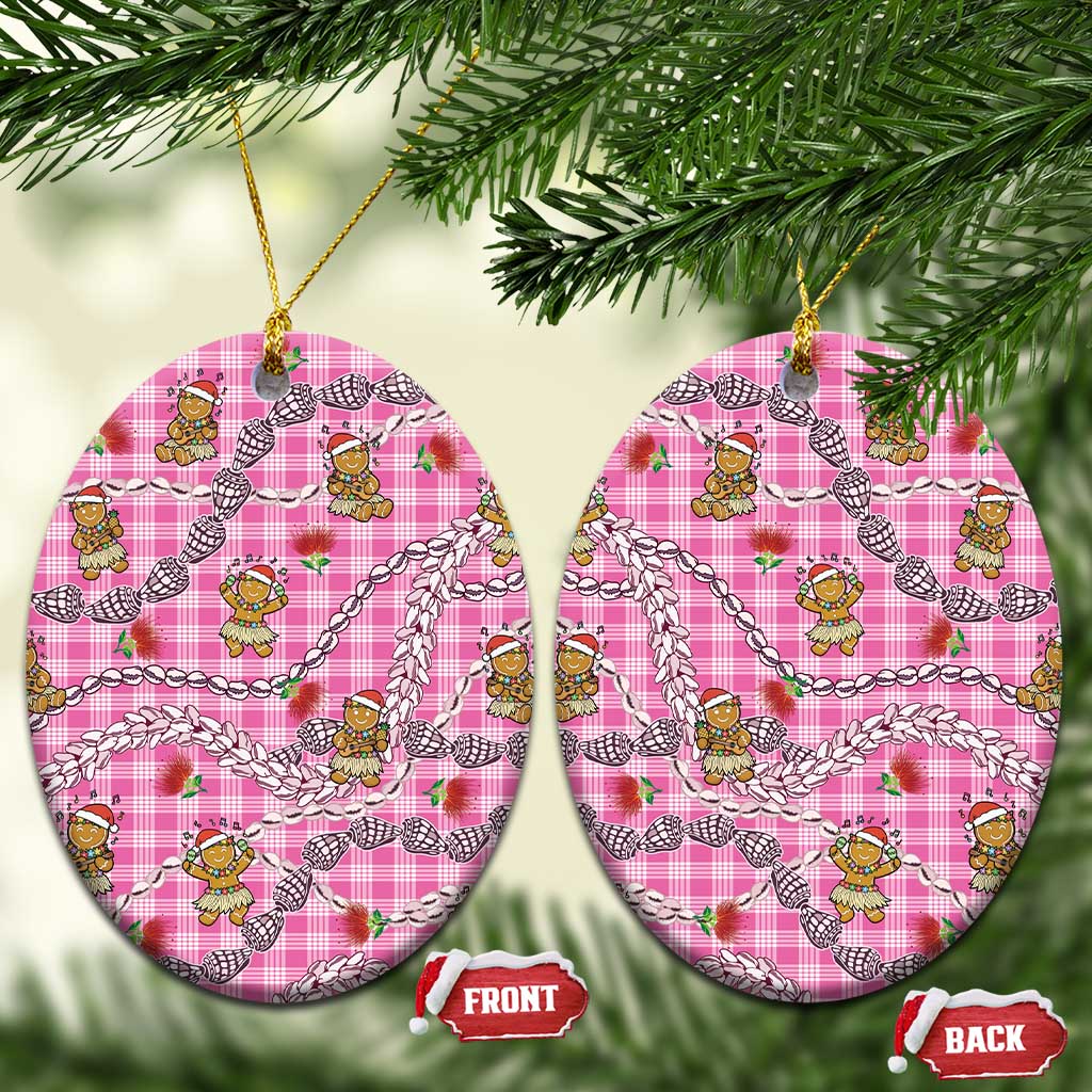 Pink Palaka Hawaii Mele Kalikimaka Ceramic Ornament Ohia Lehua Shell Leis Funny Gingerbread Santa LT14 Oval Pink - Polynesian Pride