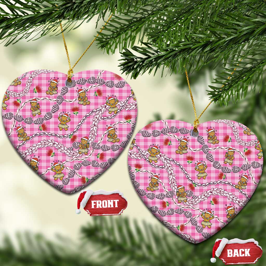Pink Palaka Hawaii Mele Kalikimaka Ceramic Ornament Ohia Lehua Shell Leis Funny Gingerbread Santa LT14 Heart Pink - Polynesian Pride