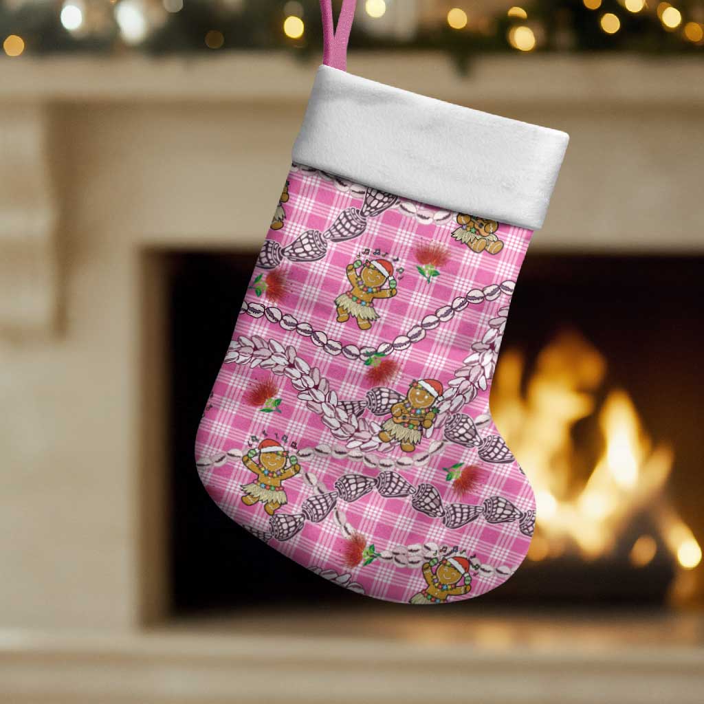 Pink Palaka Hawaii Mele Kalikimaka Christmas Stocking Ohia Lehua Shell Leis Funny Gingerbread Santa - Polynesian Pride