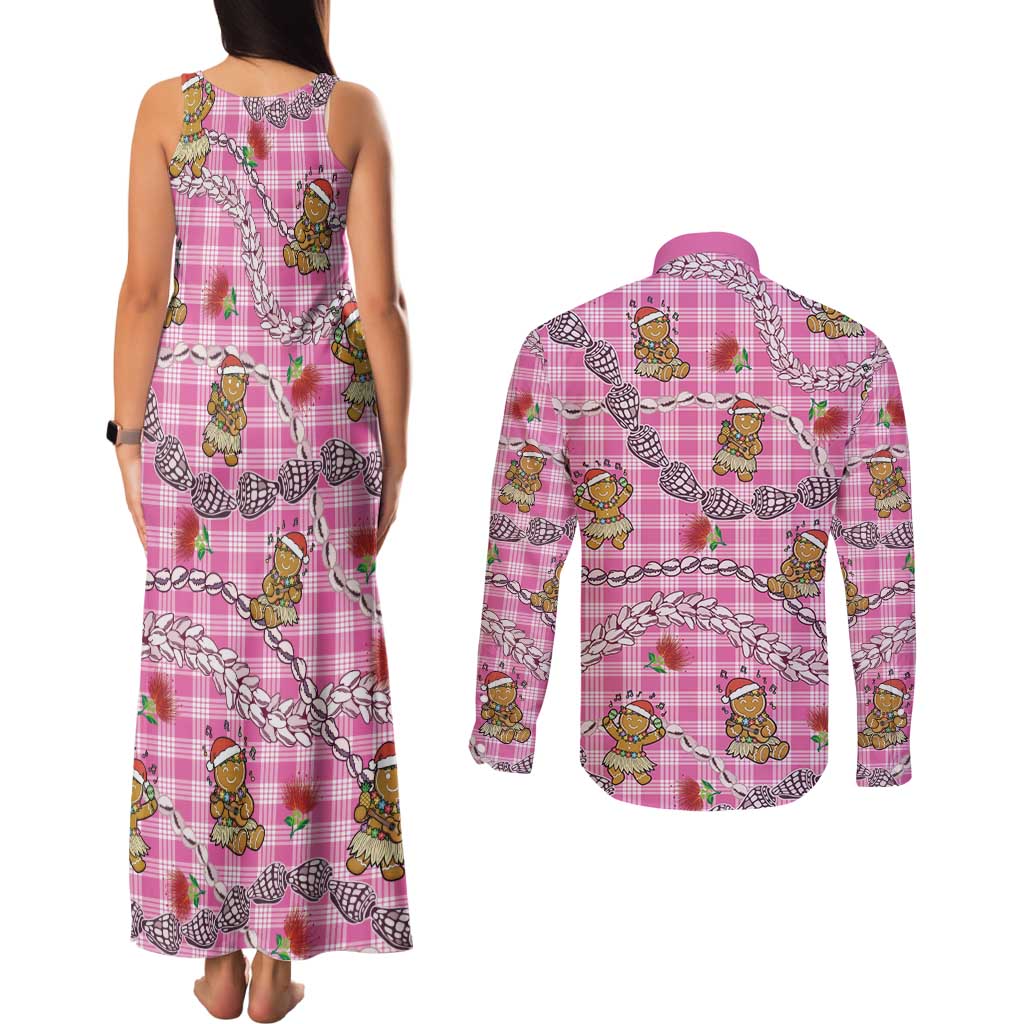 Pink Palaka Hawaii Mele Kalikimaka Couples Matching Tank Maxi Dress and Long Sleeve Button Shirt Ohia Lehua Shell Leis Funny Gingerbread Santa - Polynesian Pride