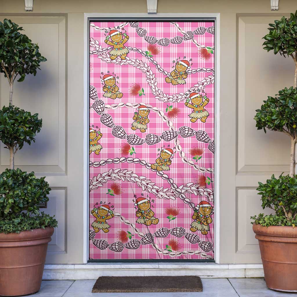 Pink Palaka Hawaii Mele Kalikimaka Door Cover Ohia Lehua Shell Leis Funny Gingerbread Santa - Polynesian Pride