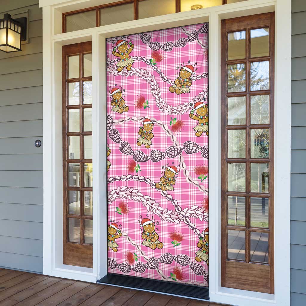 Pink Palaka Hawaii Mele Kalikimaka Door Cover Ohia Lehua Shell Leis Funny Gingerbread Santa - Polynesian Pride