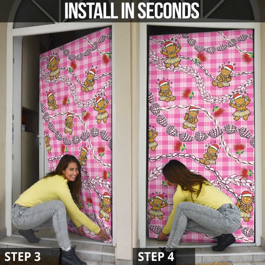 Pink Palaka Hawaii Mele Kalikimaka Door Cover Ohia Lehua Shell Leis Funny Gingerbread Santa - Polynesian Pride