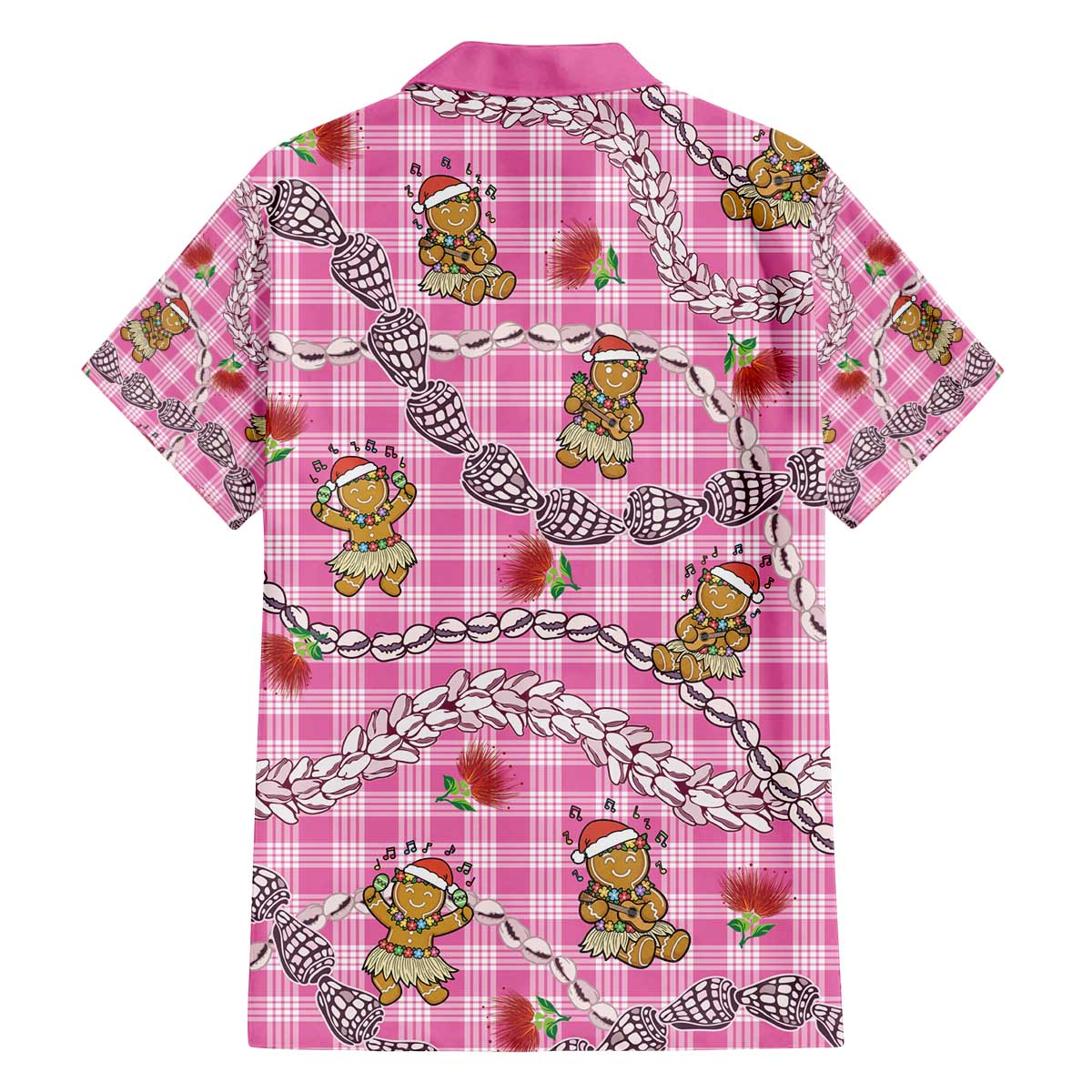 Pink Palaka Hawaii Mele Kalikimaka Family Matching Off The Shoulder Long Sleeve Dress and Hawaiian Shirt Ohia Lehua Shell Leis Funny Gingerbread Santa - Polynesian Pride