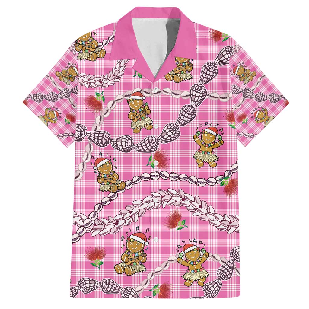 Pink Palaka Hawaii Mele Kalikimaka Family Matching Off Shoulder Short Dress and Hawaiian Shirt Ohia Lehua Shell Leis Funny Gingerbread Santa - Polynesian Pride