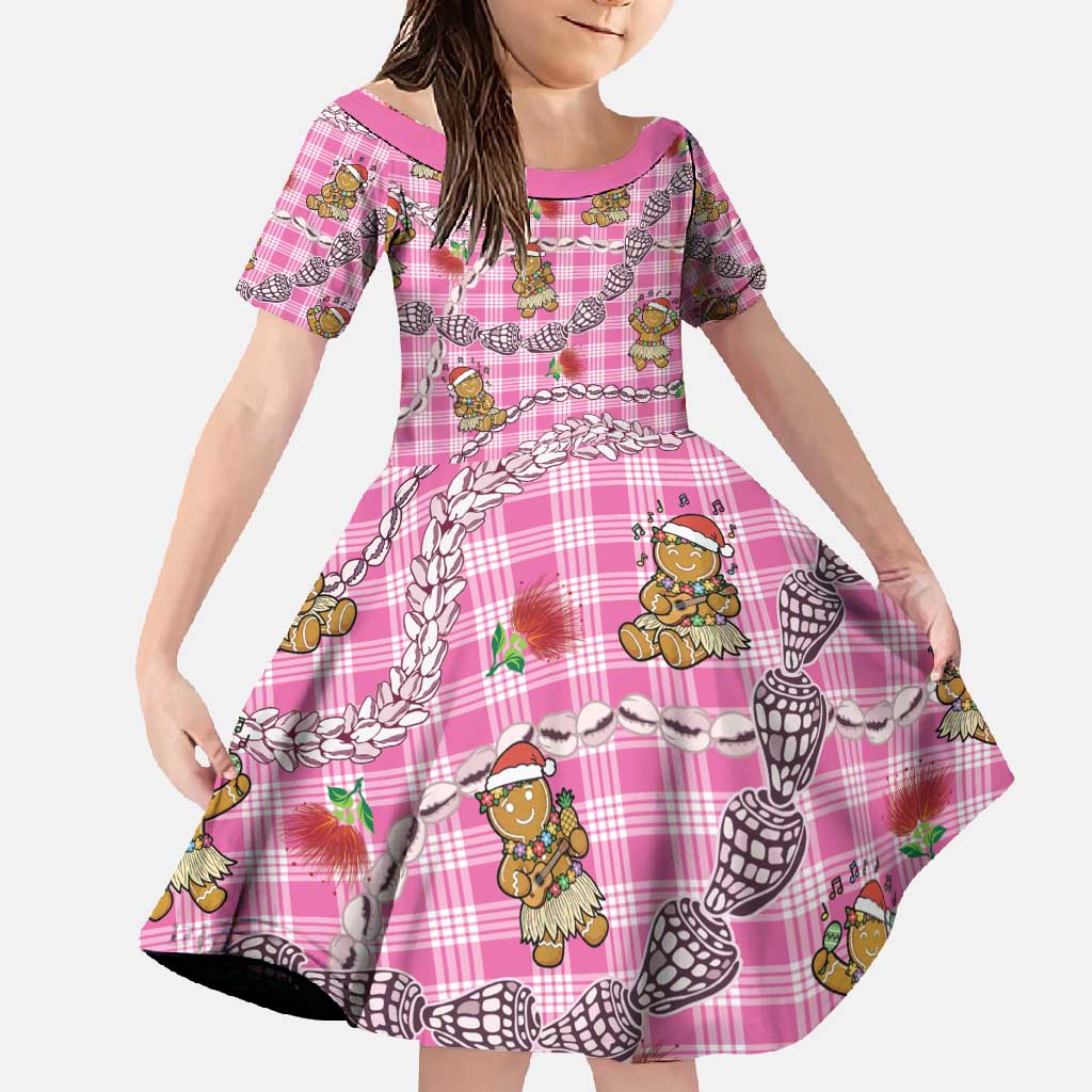 Pink Palaka Hawaii Mele Kalikimaka Family Matching Summer Maxi Dress and Hawaiian Shirt Ohia Lehua Shell Leis Funny Gingerbread Santa - Polynesian Pride