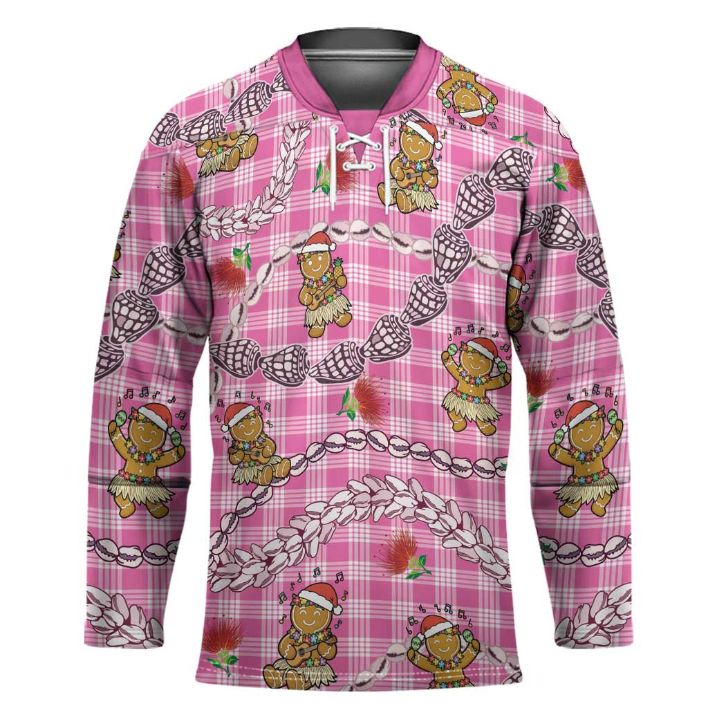 Pink Palaka Hawaii Mele Kalikimaka Hockey Jersey Ohia Lehua Shell Leis Funny Gingerbread Santa - Polynesian Pride