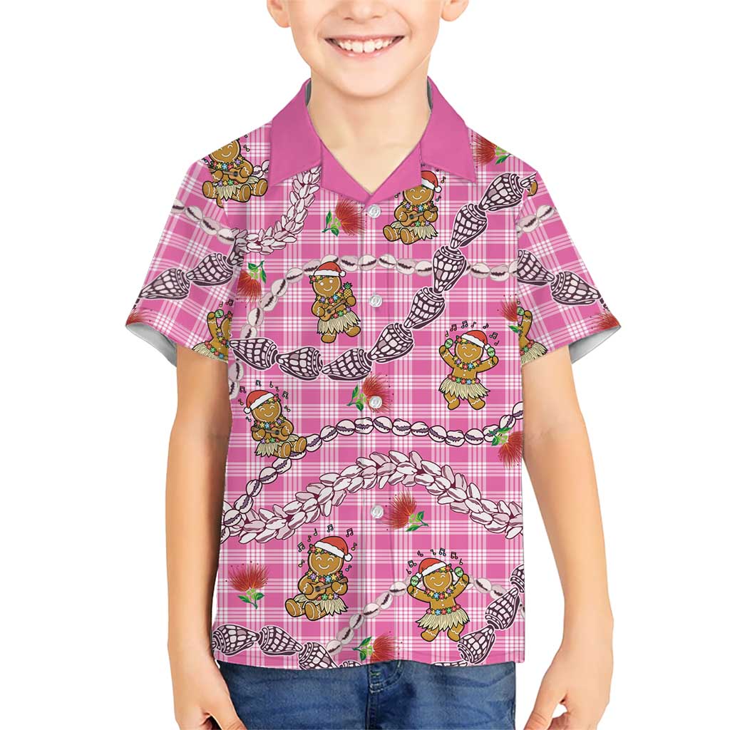 Pink Palaka Hawaii Mele Kalikimaka Kid Hawaiian Shirt Ohia Lehua Shell Leis Funny Gingerbread Santa LT14 Kid Pink - Polynesian Pride
