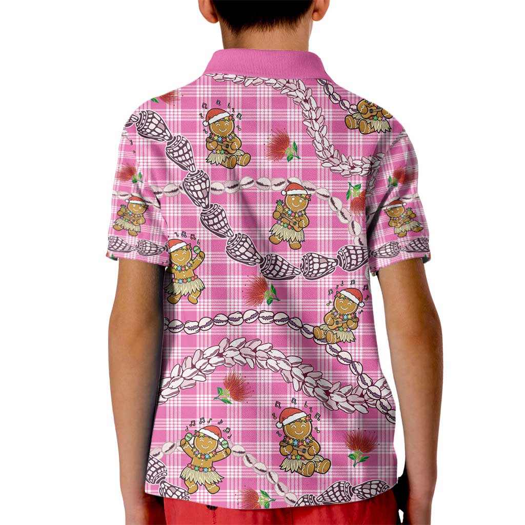 Pink Palaka Hawaii Mele Kalikimaka Kid Polo Shirt Ohia Lehua Shell Leis Funny Gingerbread Santa - Polynesian Pride