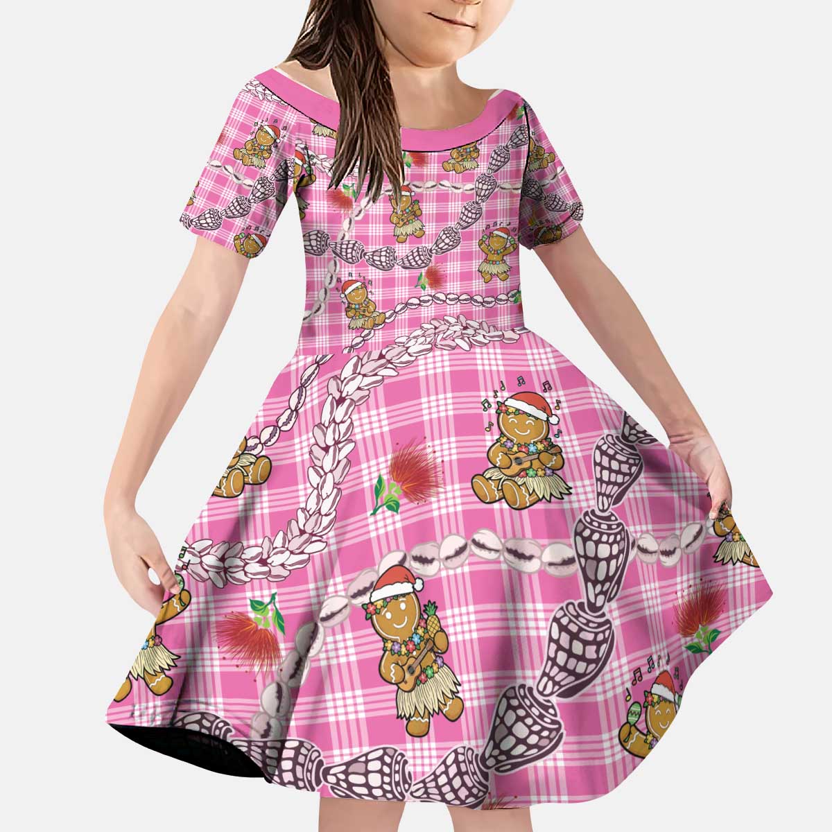 Pink Palaka Hawaii Mele Kalikimaka Kid Short Sleeve Dress Ohia Lehua Shell Leis Funny Gingerbread Santa - Polynesian Pride