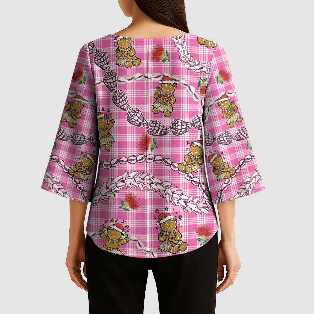 Pink Palaka Hawaii Mele Kalikimaka Kimono Sleeve Blouse Ohia Lehua Shell Leis Funny Gingerbread Santa - Polynesian Pride