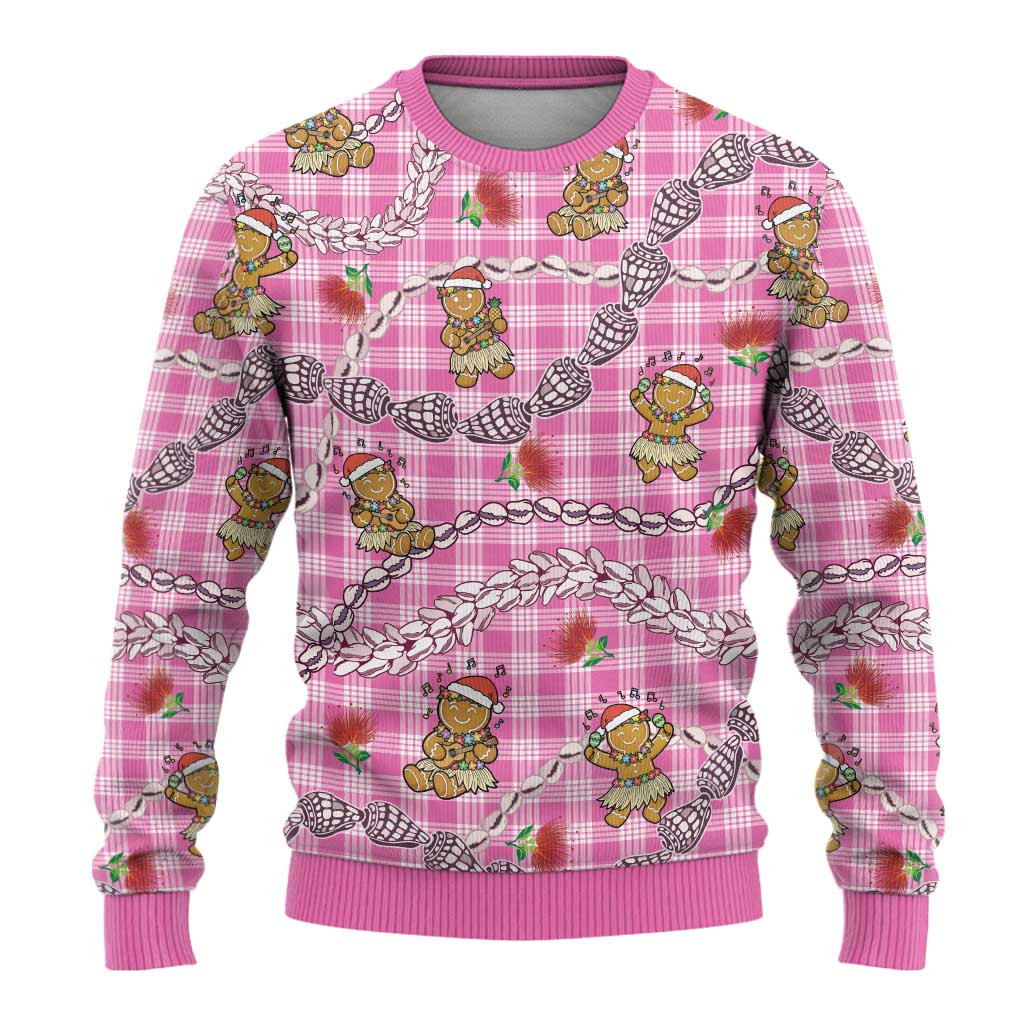 Pink Palaka Hawaii Mele Kalikimaka Ugly Christmas Sweater Ohia Lehua Shell Leis Funny Gingerbread Santa - Polynesian Pride