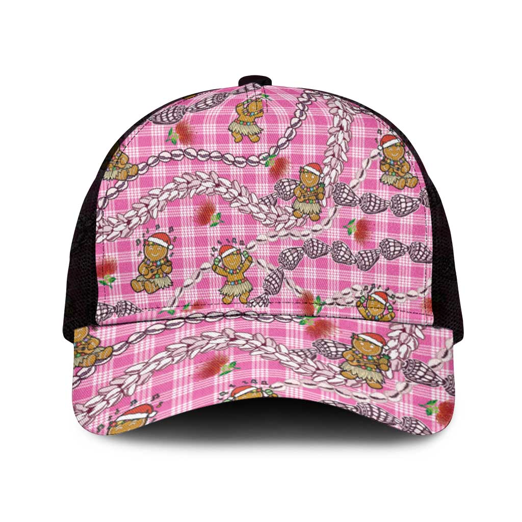 Pink Palaka Hawaii Mele Kalikimaka Mesh Trucker Cap Ohia Lehua Shell Leis Funny Gingerbread Santa - Polynesian Pride