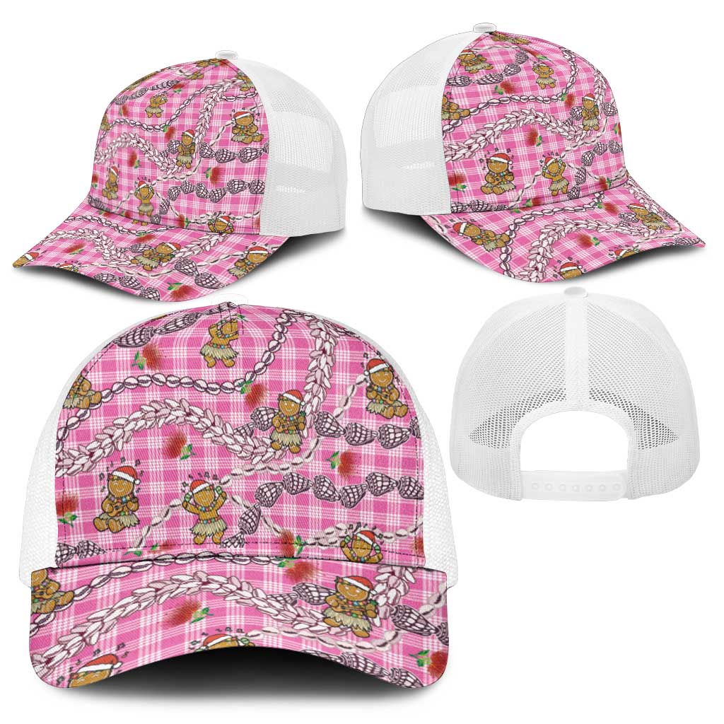 Pink Palaka Hawaii Mele Kalikimaka Mesh Trucker Cap Ohia Lehua Shell Leis Funny Gingerbread Santa - Polynesian Pride