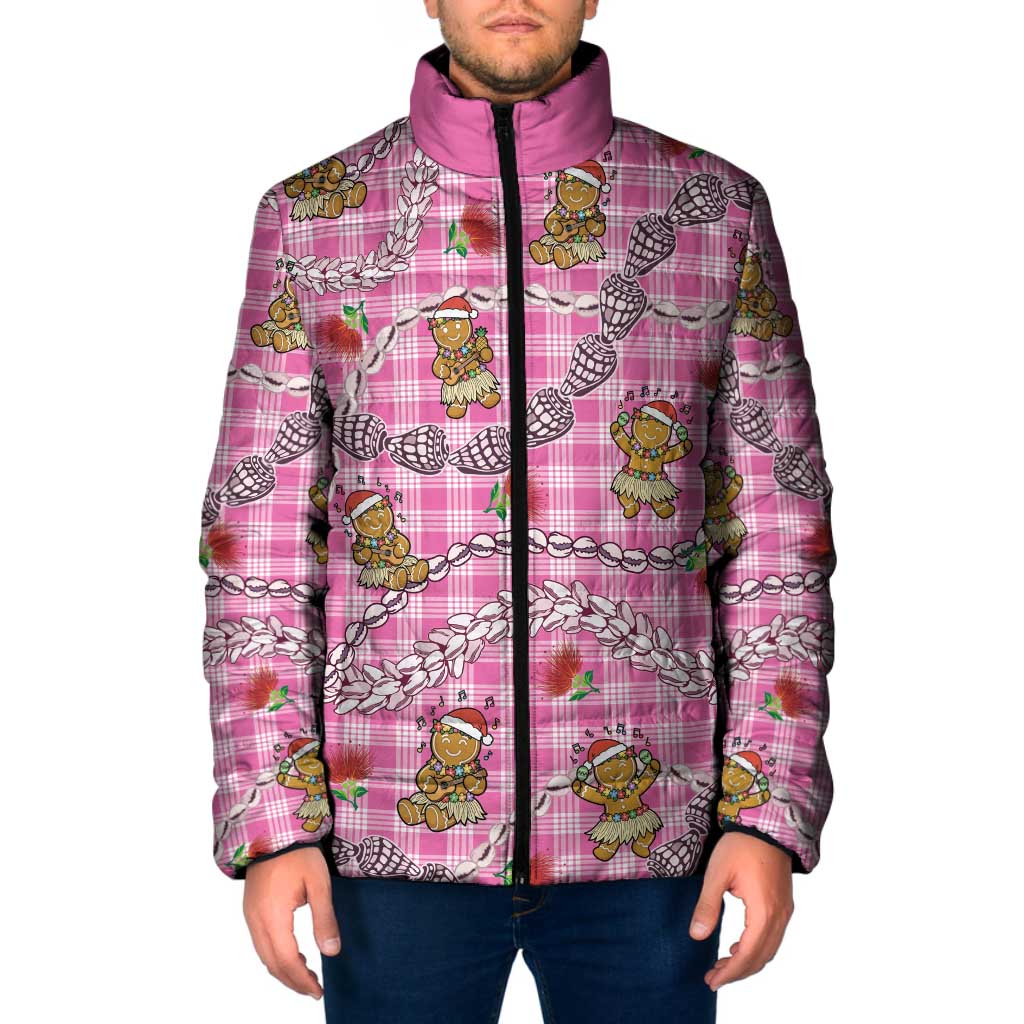 Pink Palaka Hawaii Mele Kalikimaka Padded Jacket Ohia Lehua Shell Leis Funny Gingerbread Santa - Polynesian Pride
