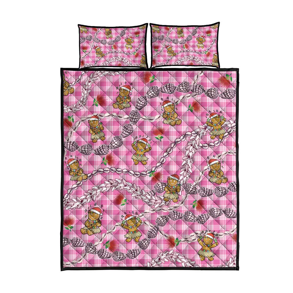 Pink Palaka Hawaii Mele Kalikimaka Quilt Bed Set Ohia Lehua Shell Leis Funny Gingerbread Santa - Polynesian Pride