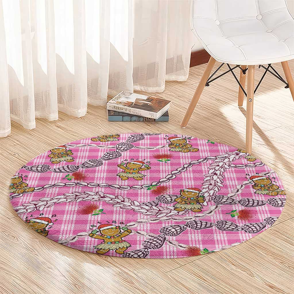 Pink Palaka Hawaii Mele Kalikimaka Round Carpet Ohia Lehua Shell Leis Funny Gingerbread Santa - Polynesian Pride