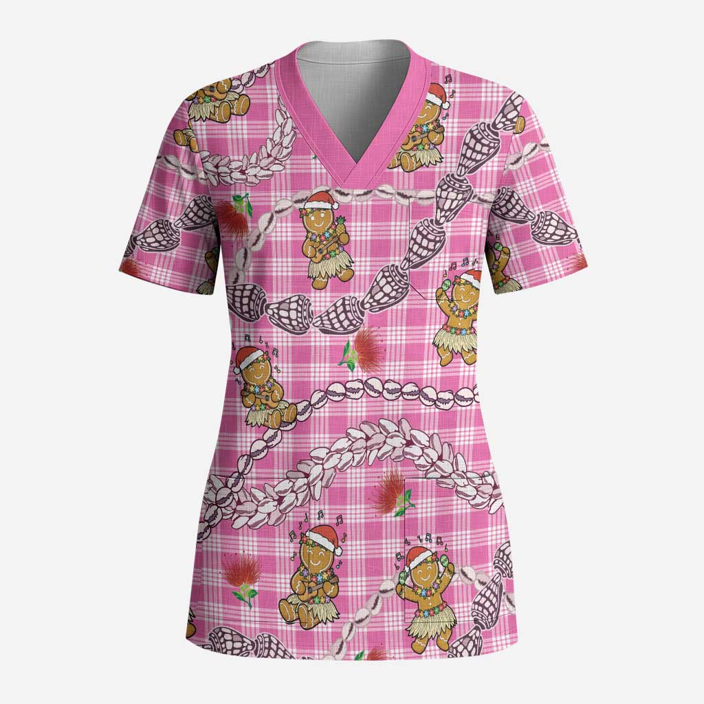 Pink Palaka Hawaii Mele Kalikimaka Scrub Top Ohia Lehua Shell Leis Funny Gingerbread Santa - Polynesian Pride