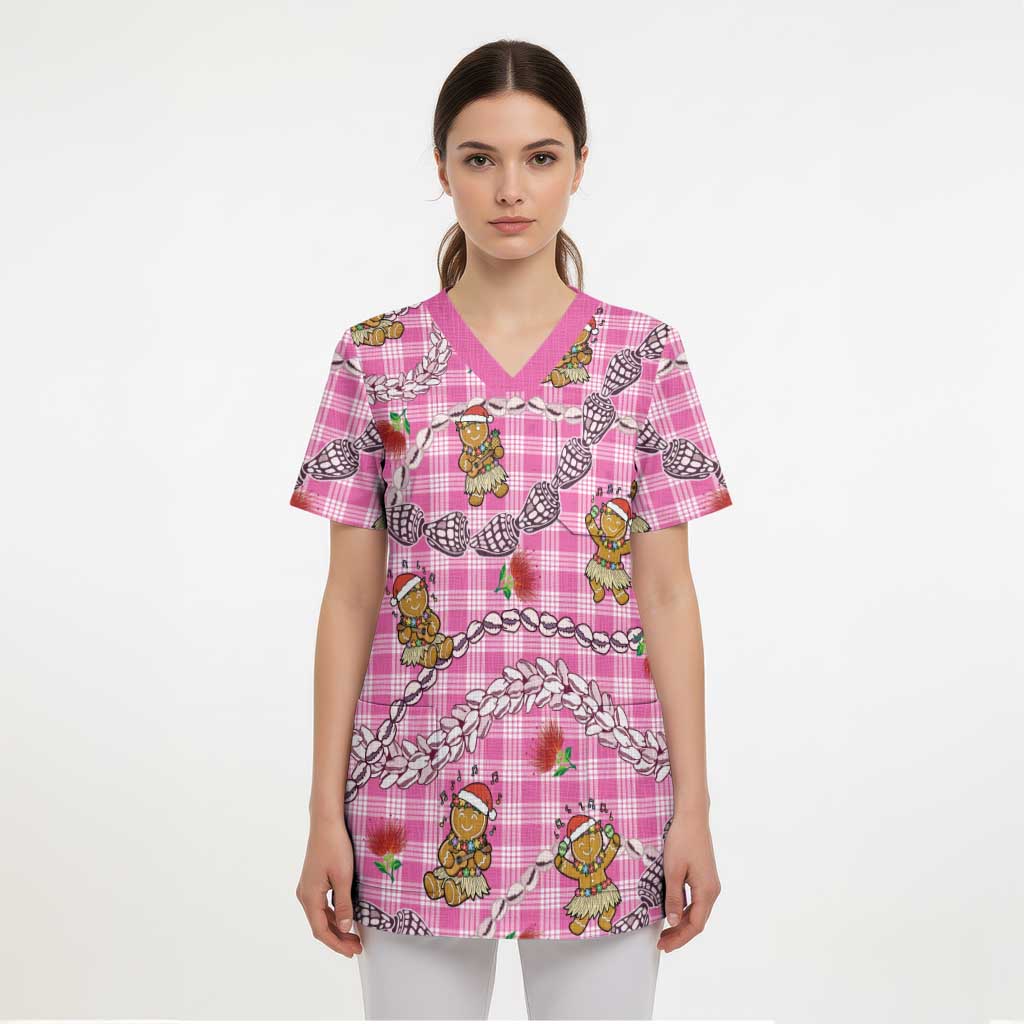 Pink Palaka Hawaii Mele Kalikimaka Scrub Top Ohia Lehua Shell Leis Funny Gingerbread Santa - Polynesian Pride