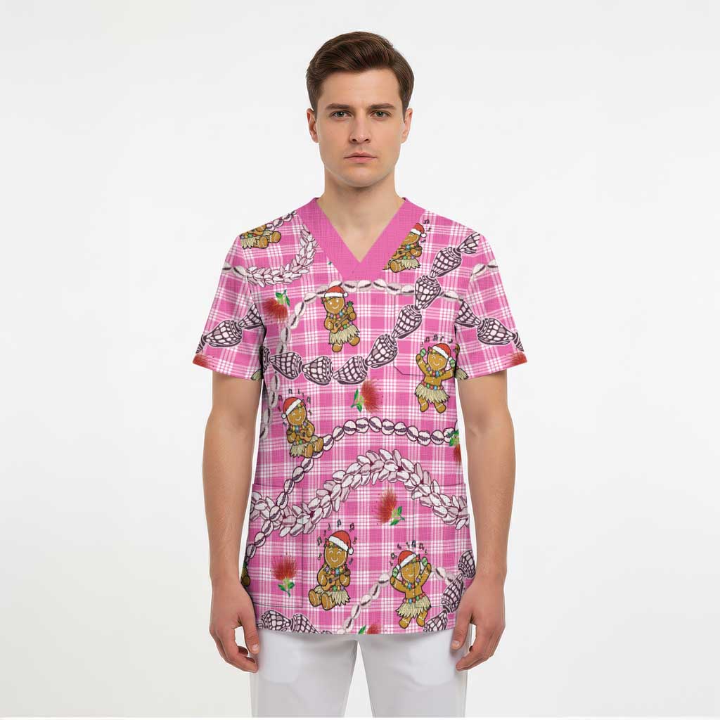 Pink Palaka Hawaii Mele Kalikimaka Scrub Top Ohia Lehua Shell Leis Funny Gingerbread Santa - Polynesian Pride