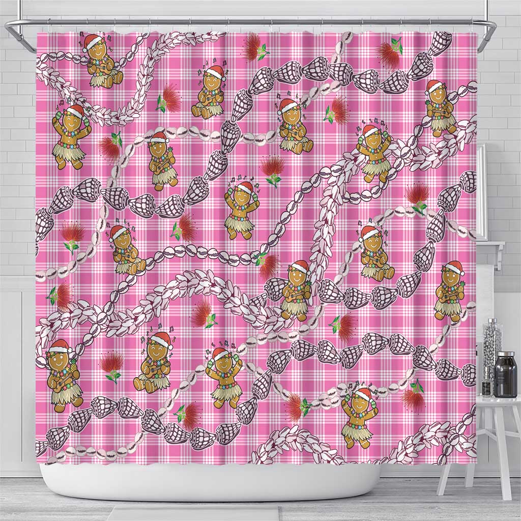 Pink Palaka Hawaii Mele Kalikimaka Shower Curtain Ohia Lehua Shell Leis Funny Gingerbread Santa - Polynesian Pride