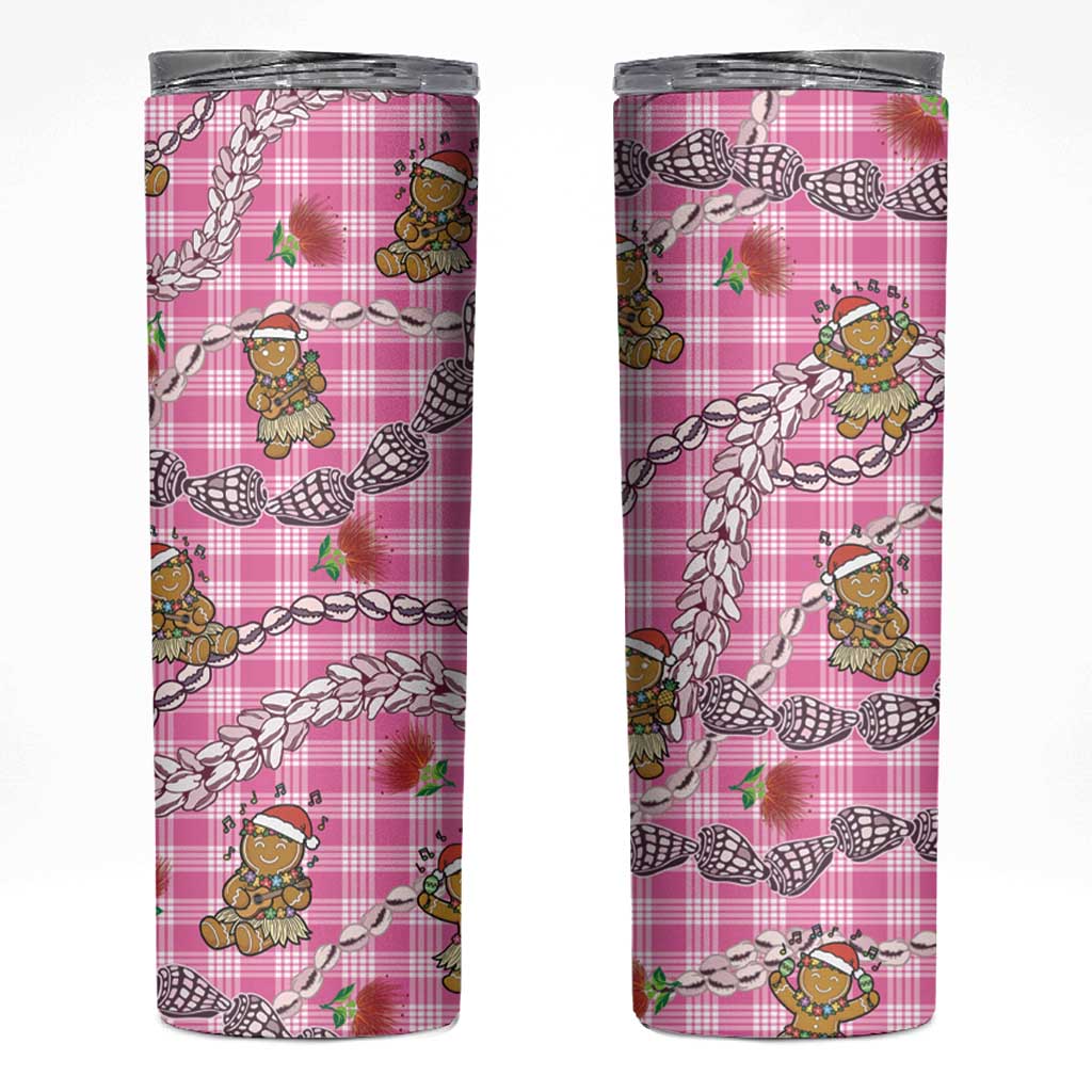 Pink Palaka Hawaii Mele Kalikimaka Skinny Tumbler Ohia Lehua Shell Leis Funny Gingerbread Santa - Polynesian Pride