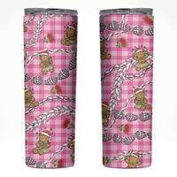 Pink Palaka Hawaii Mele Kalikimaka Skinny Tumbler Ohia Lehua Shell Leis Funny Gingerbread Santa - Polynesian Pride