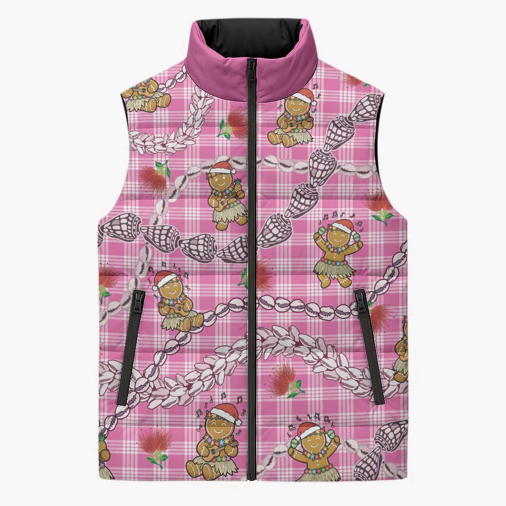 Pink Palaka Hawaii Mele Kalikimaka Sleeveless Puffer Jacket Ohia Lehua Shell Leis Funny Gingerbread Santa - Polynesian Pride