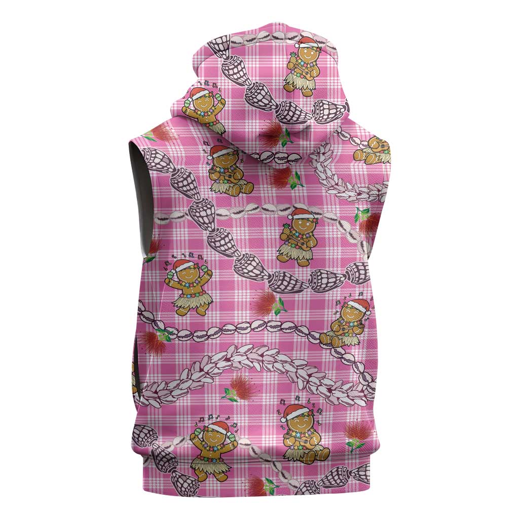 Pink Palaka Hawaii Mele Kalikimaka Sleeveless Zip Hoodie Ohia Lehua Shell Leis Funny Gingerbread Santa - Polynesian Pride