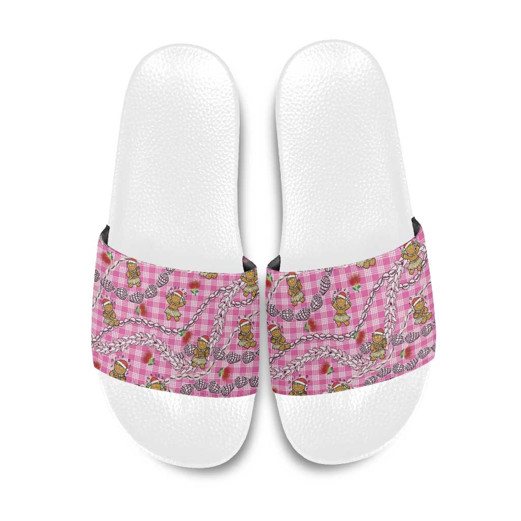 Pink Palaka Hawaii Mele Kalikimaka Slide Sandals Ohia Lehua Shell Leis Funny Gingerbread Santa - Polynesian Pride