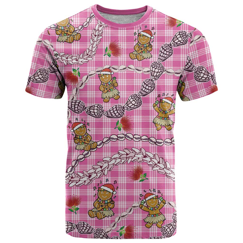 Pink Palaka Hawaii Mele Kalikimaka T Shirt Ohia Lehua Shell Leis Funny Gingerbread Santa - Polynesian Pride