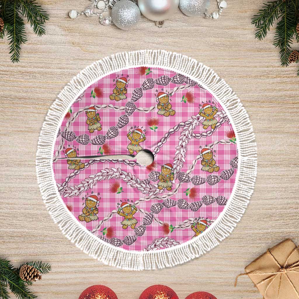 Pink Palaka Hawaii Mele Kalikimaka Tree Skirt Ohia Lehua Shell Leis Funny Gingerbread Santa LT14 Fringed Pink - Polynesian Pride
