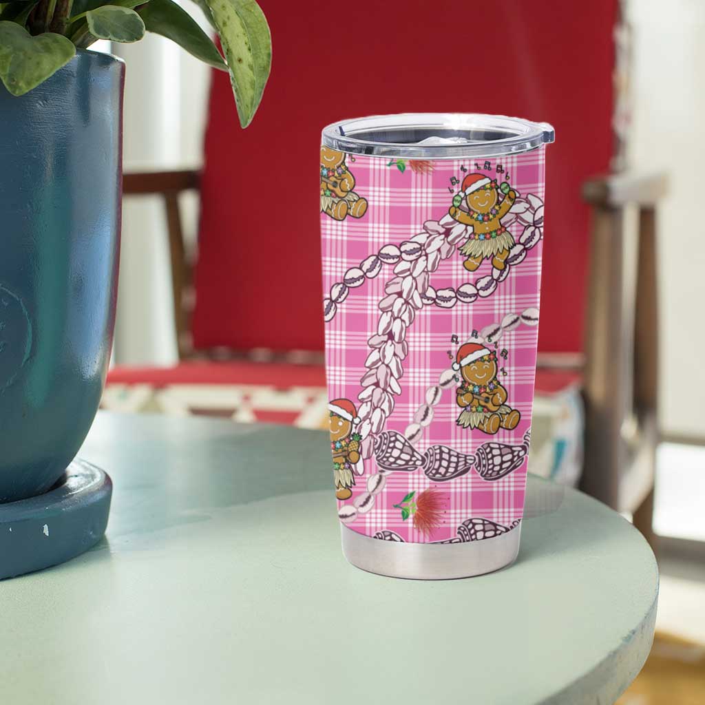 Pink Palaka Hawaii Mele Kalikimaka Tumbler Cup Ohia Lehua Shell Leis Funny Gingerbread Santa - Polynesian Pride