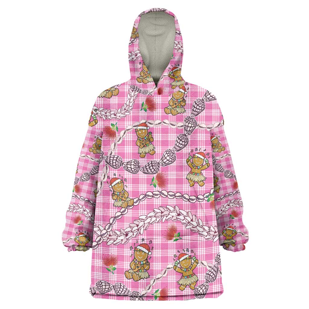 Pink Palaka Hawaii Mele Kalikimaka Wearable Blanket Hoodie Ohia Lehua Shell Leis Funny Gingerbread Santa - Polynesian Pride