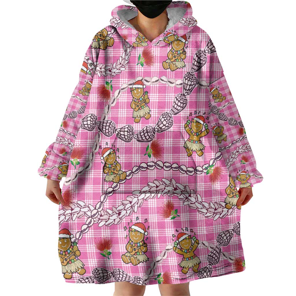 Pink Palaka Hawaii Mele Kalikimaka Wearable Blanket Hoodie Ohia Lehua Shell Leis Funny Gingerbread Santa - Polynesian Pride