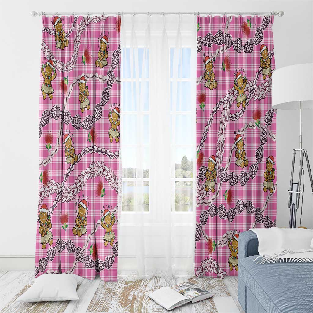 Pink Palaka Hawaii Mele Kalikimaka Window Curtain Ohia Lehua Shell Leis Funny Gingerbread Santa - Polynesian Pride