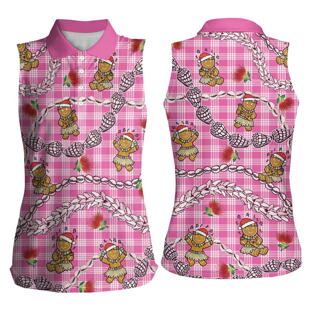 Pink Palaka Hawaii Mele Kalikimaka Women Sleeveless Polo Shirt Ohia Lehua Shell Leis Funny Gingerbread Santa - Polynesian Pride