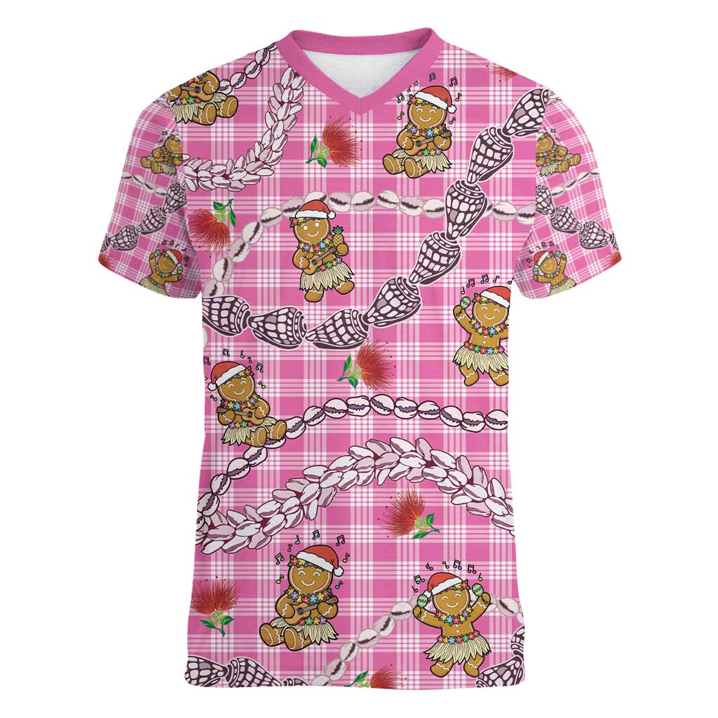 Pink Palaka Hawaii Mele Kalikimaka Women V-Neck T-Shirt Ohia Lehua Shell Leis Funny Gingerbread Santa - Polynesian Pride