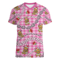 Pink Palaka Hawaii Mele Kalikimaka Women V-Neck T-Shirt Ohia Lehua Shell Leis Funny Gingerbread Santa - Polynesian Pride