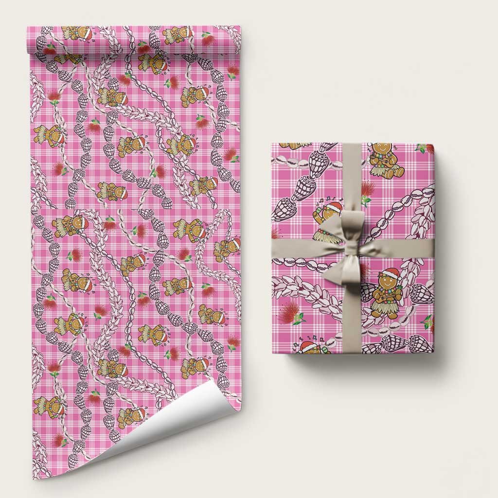 Pink Palaka Hawaii Mele Kalikimaka Wrapping Paper Ohia Lehua Shell Leis Funny Gingerbread Santa LT14 58" × 23" Pink - Polynesian Pride