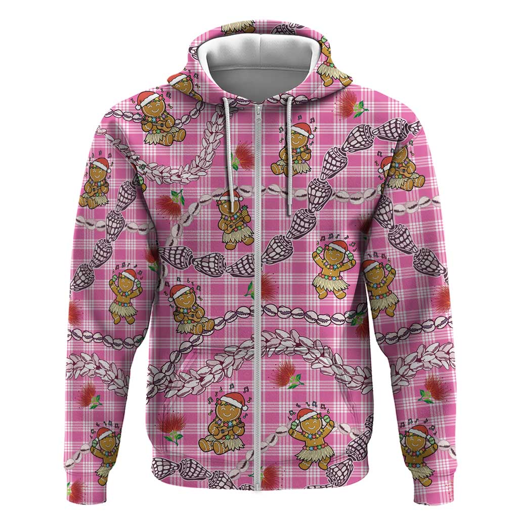 Pink Palaka Hawaii Mele Kalikimaka Zip Hoodie Ohia Lehua Shell Leis Funny Gingerbread Santa - Polynesian Pride