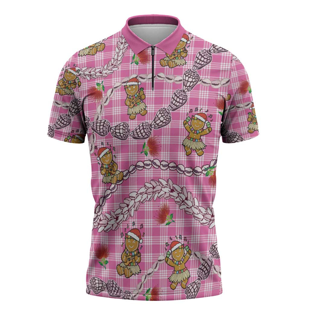 Pink Palaka Hawaii Mele Kalikimaka Zipper Polo Shirt Ohia Lehua Shell Leis Funny Gingerbread Santa - Polynesian Pride