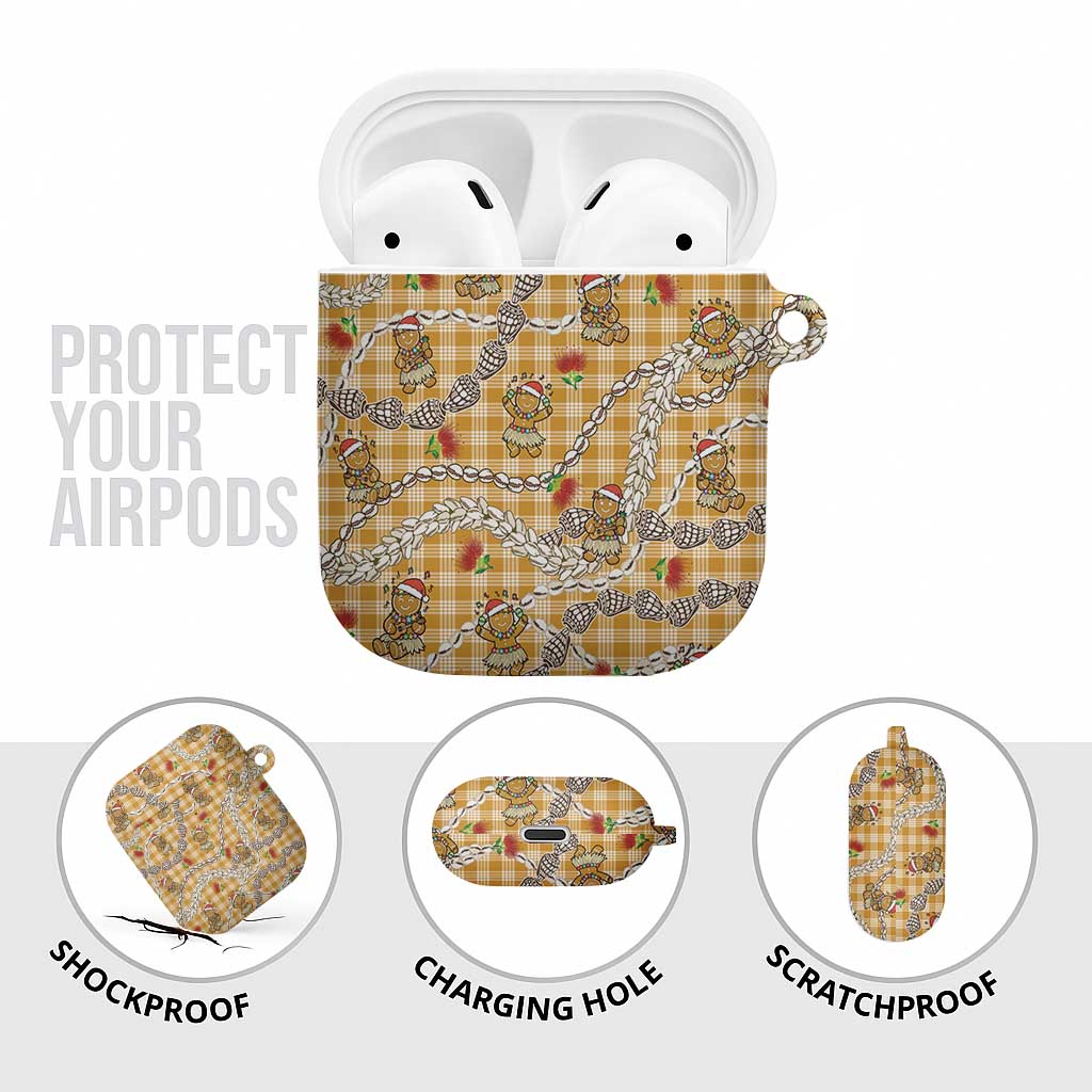Gold Palaka Hawaii Mele Kalikimaka AirPods Case Ohia Lehua Shell Leis Funny Gingerbread Santa - Polynesian Pride