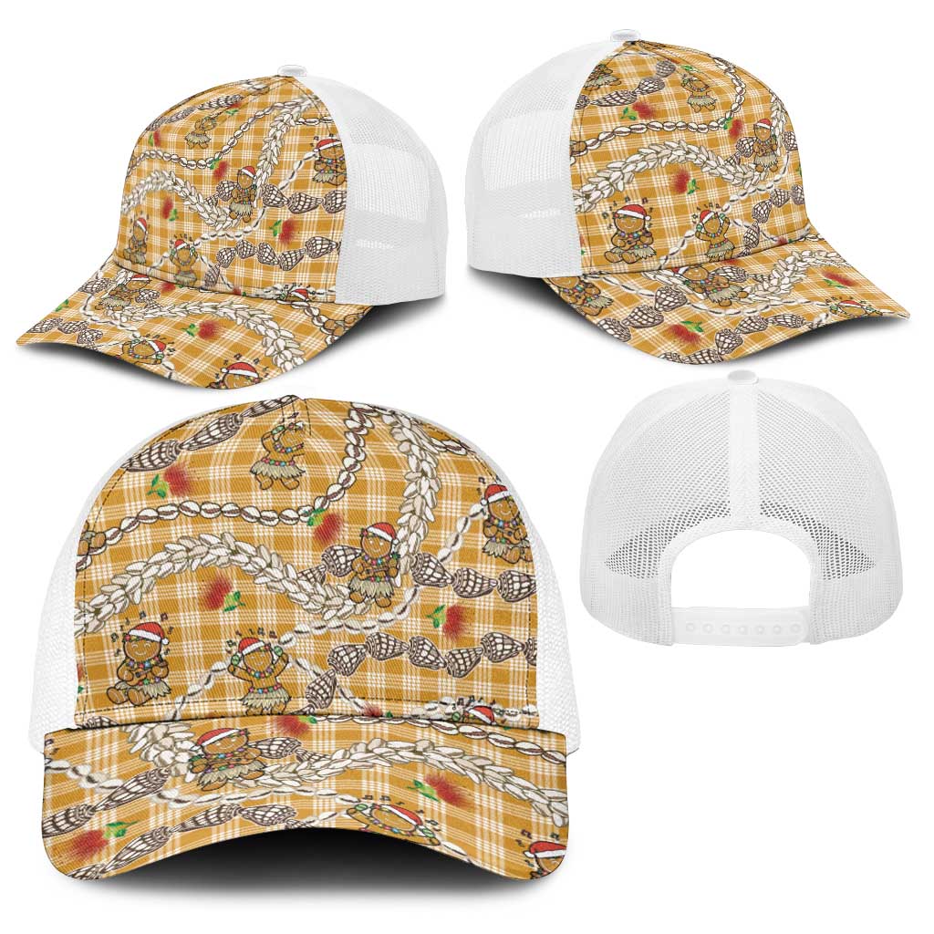 Gold Palaka Hawaii Mele Kalikimaka Baseball Net Cap Ohia Lehua Shell Leis Funny Gingerbread Santa - Polynesian Pride