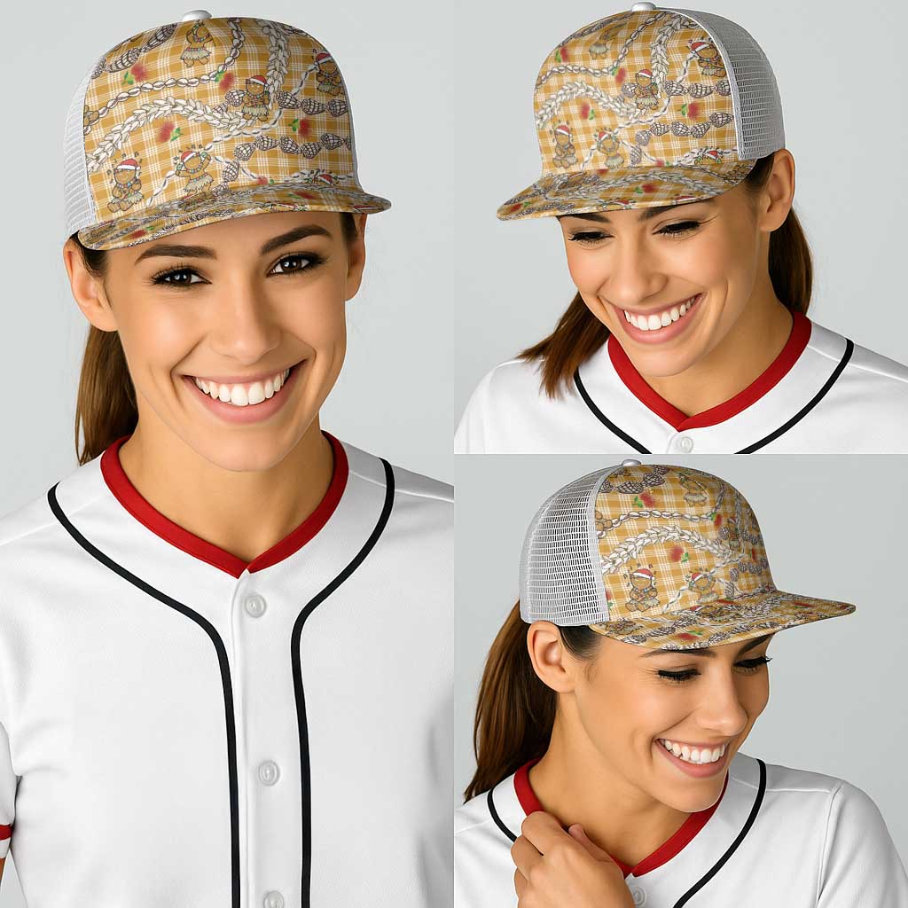 Gold Palaka Hawaii Mele Kalikimaka Baseball Net Cap Ohia Lehua Shell Leis Funny Gingerbread Santa - Polynesian Pride