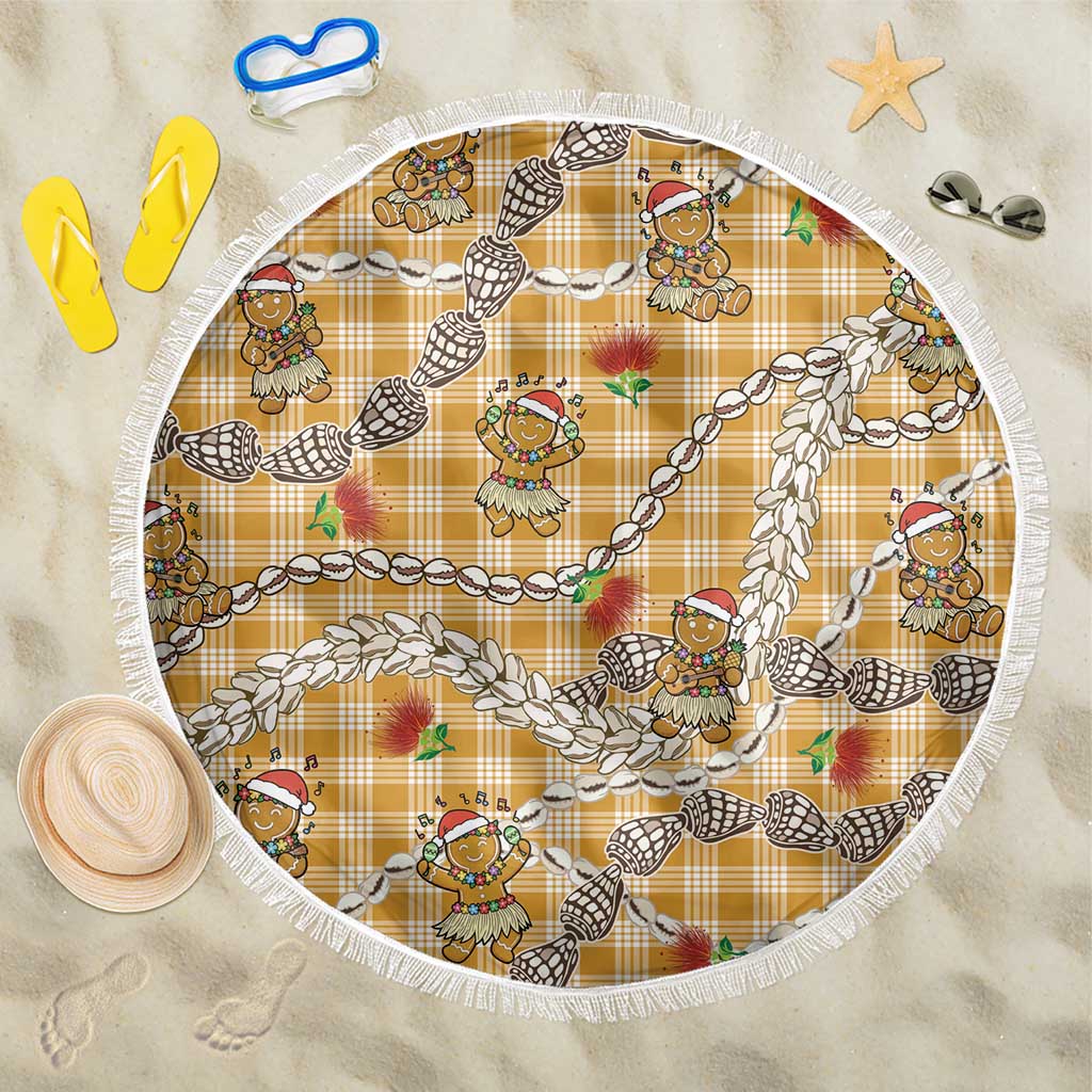 Gold Palaka Hawaii Mele Kalikimaka Beach Blanket Ohia Lehua Shell Leis Funny Gingerbread Santa LT14 One Size 150cm Gold - Polynesian Pride