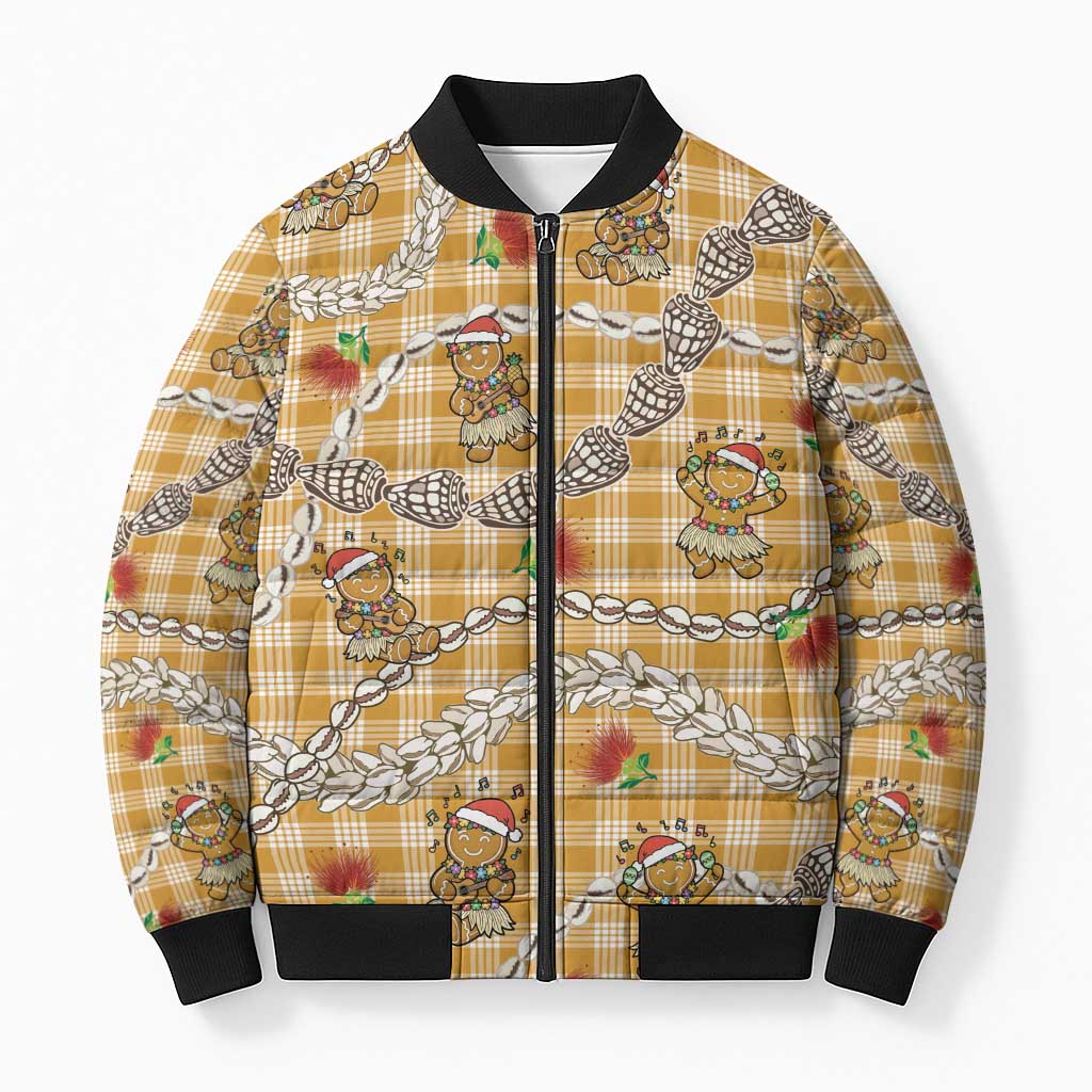 Gold Palaka Hawaii Mele Kalikimaka Bomber Puffer Jacket Ohia Lehua Shell Leis Funny Gingerbread Santa LT14 Unisex Gold - Polynesian Pride