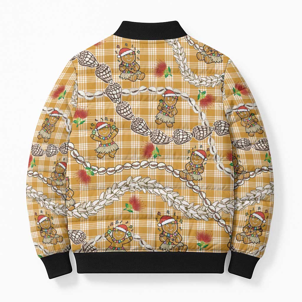 Gold Palaka Hawaii Mele Kalikimaka Bomber Puffer Jacket Ohia Lehua Shell Leis Funny Gingerbread Santa LT14 - Polynesian Pride